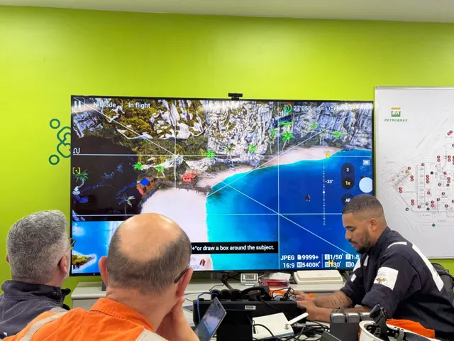 Instrutor ao computador e alunos diante de um mapa aéreo projetado na tela da sala