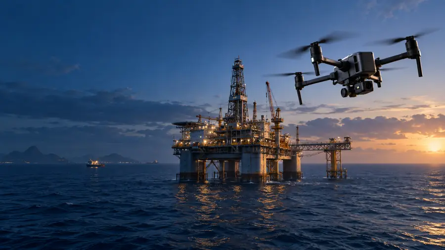 Drone sobrevoando uma plataforma de petróleo no mar ao entardecer